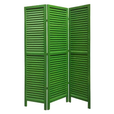 3 Panel Foldable Wooden Shutter Screen with Straight Legs, Green