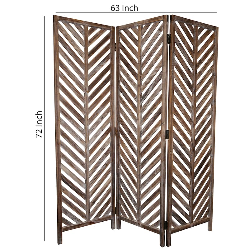 3 Panel Foldable Wooden Screen with Herringbone Pattern, Brown