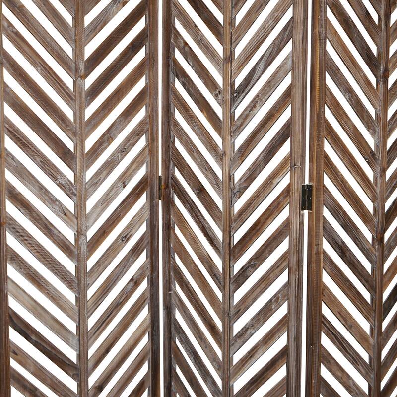 3 Panel Foldable Wooden Screen with Herringbone Pattern, Brown