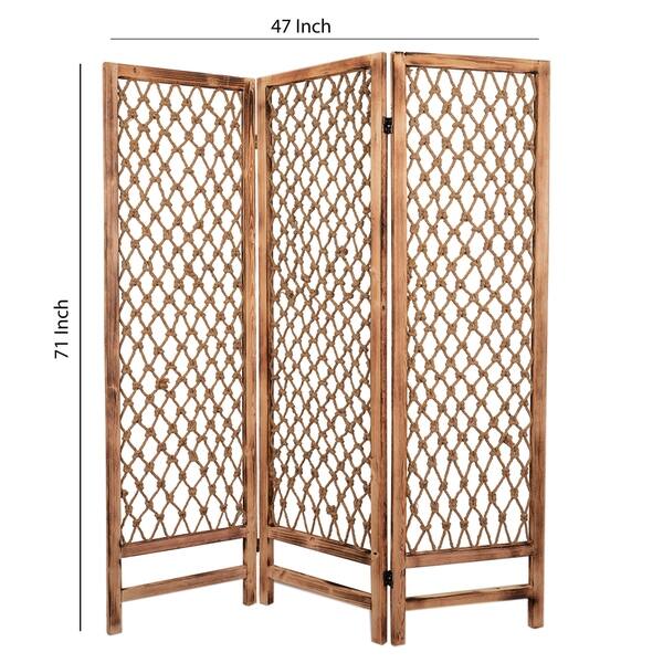 3 Panel Traditional Foldable Screen with Rope Knot Design, Brown - On ...