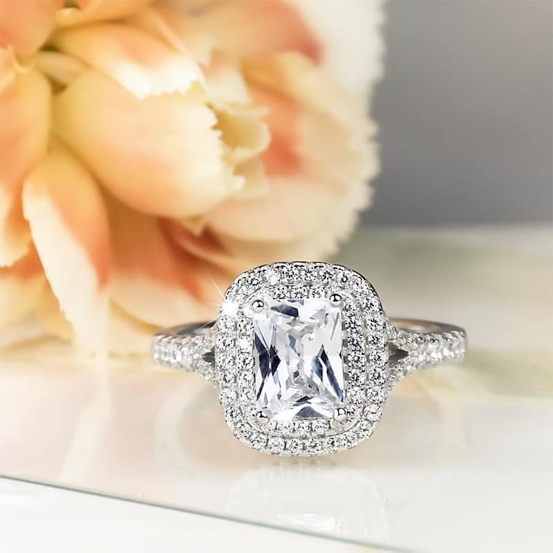 2 Carat Double Halo Bridal Ring Emerald Cut Genuine Sterling Silver