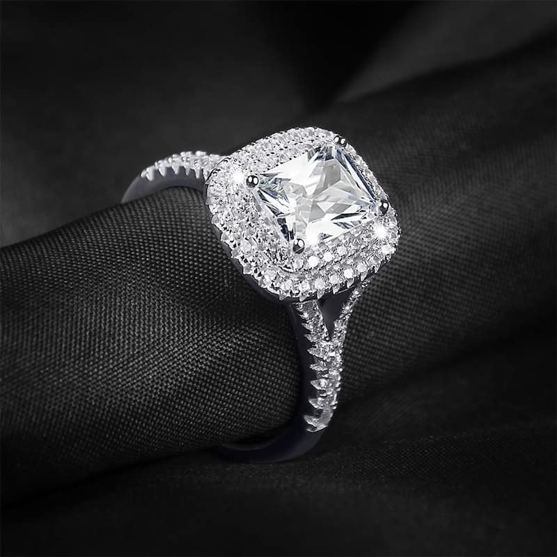 2 Carat Double Halo Bridal Ring Emerald Cut Genuine Sterling Silver