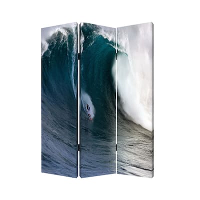 Surfing High Wave Print Foldable Canvas Screen with 3 Panels, Blue - 6 x 12