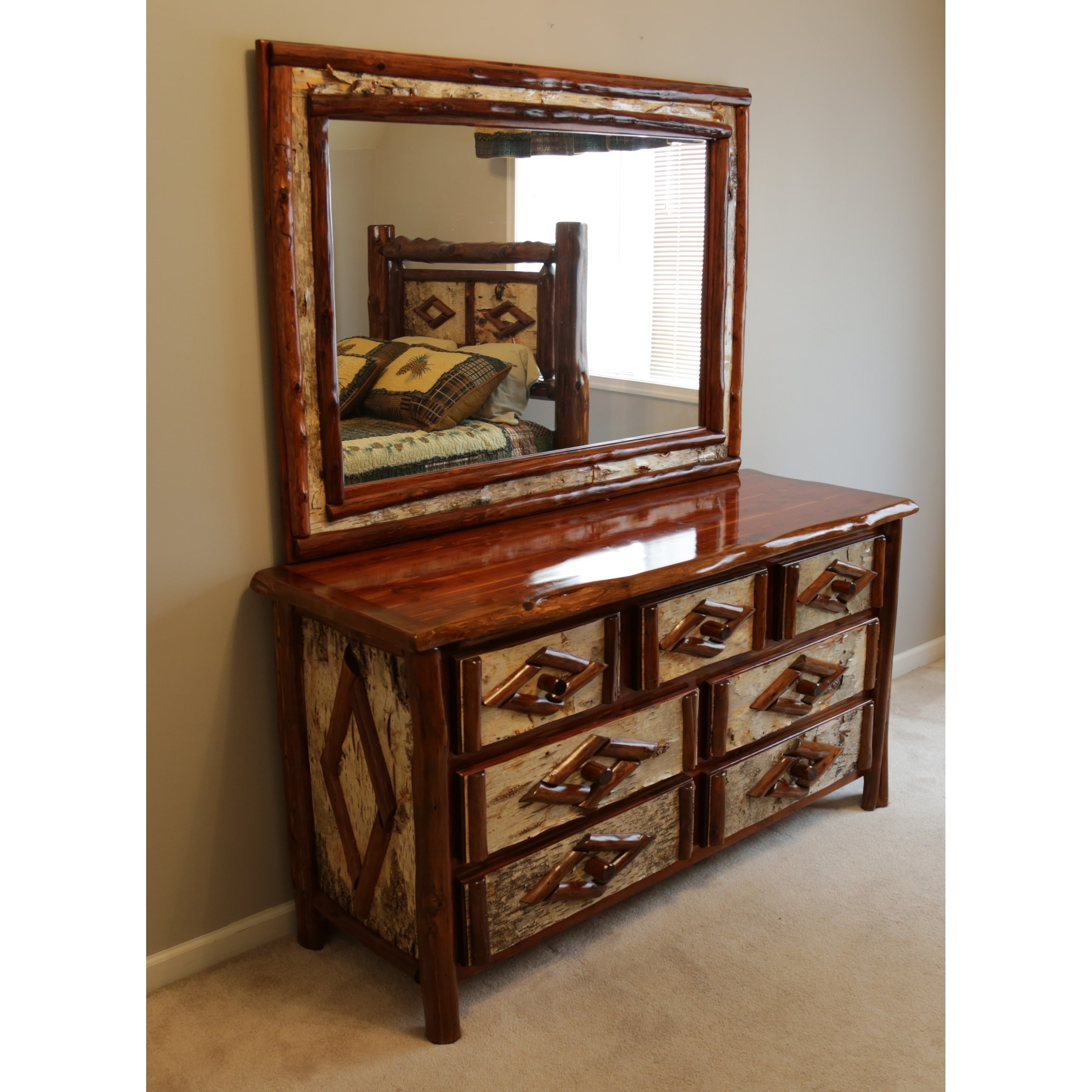 Shop Red Cedar Log 7 Drawer Dresser And Framed Mirror