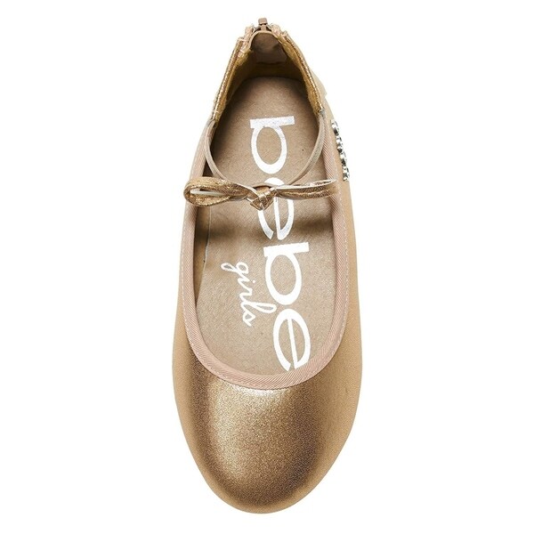 bebe Girls Ballet Flats Round Toe with Bow and Logo Print Slip-On Shoes Flexible PU Leather