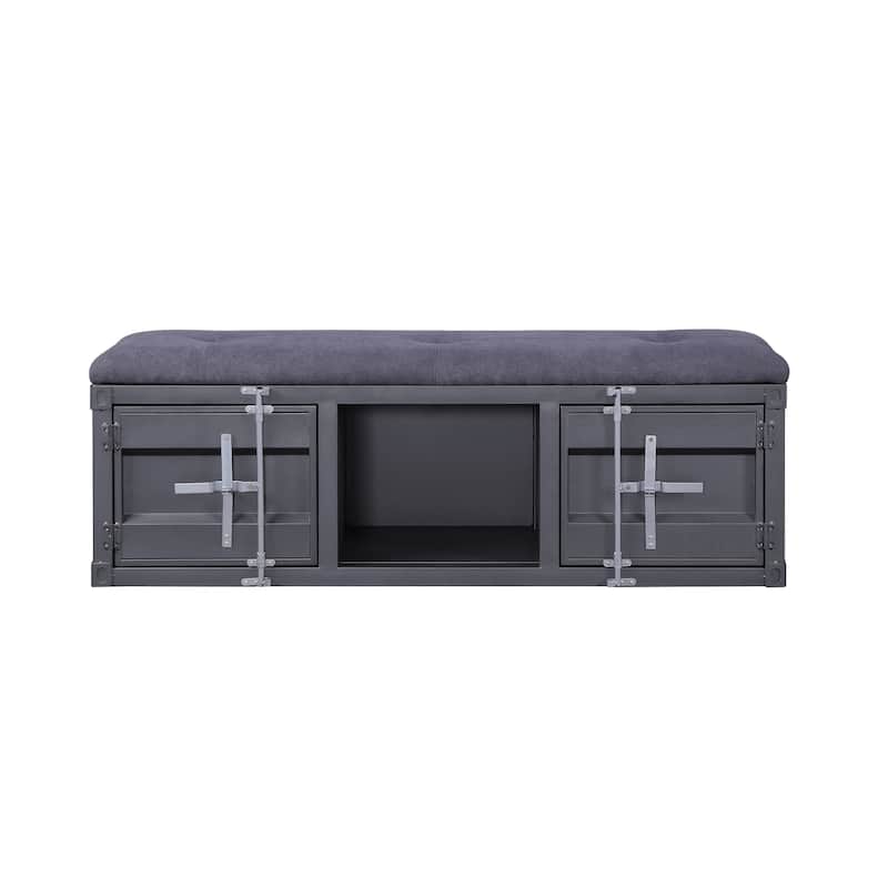 Industrial Style Metal and Fabric Bench with Open Storage, Gray