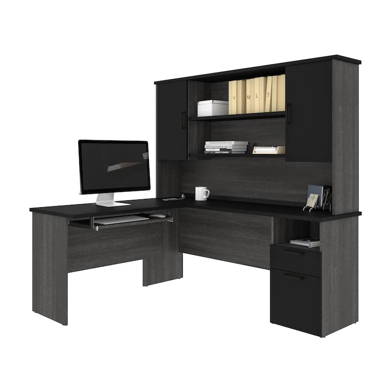 Bestar Norma L-shaped Desk with Hutch - Black & Bark Gray