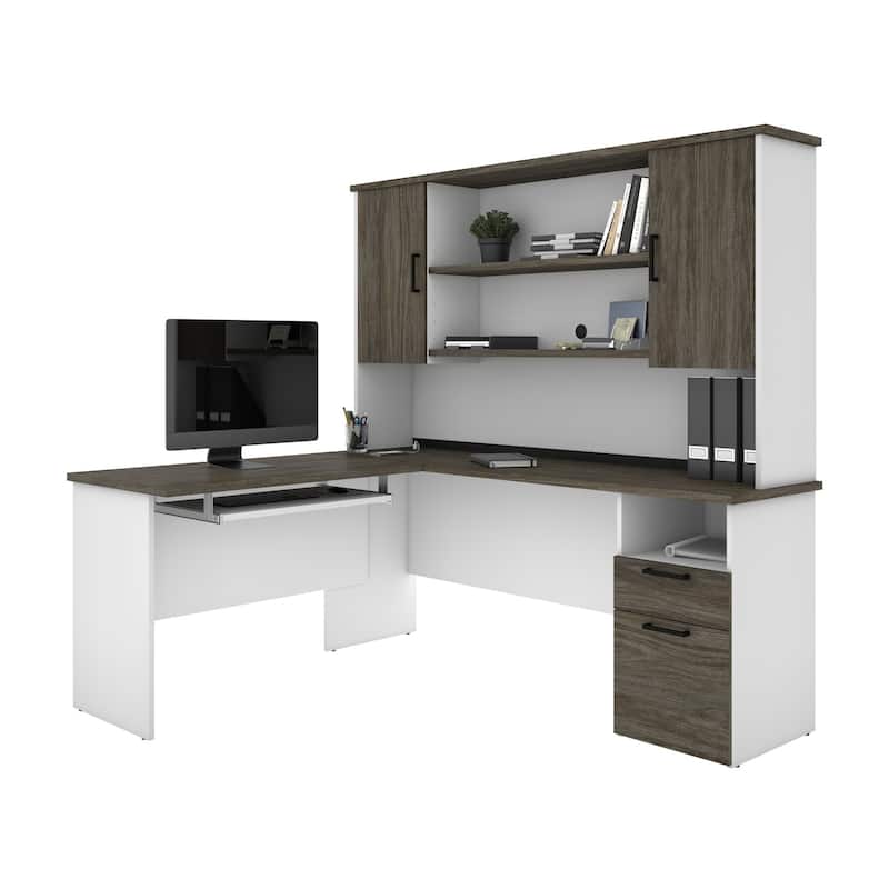 Bestar Norma L-shaped Desk with Hutch - Walnut Grey & White
