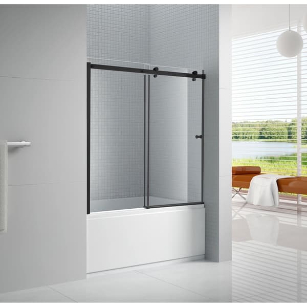 Primo 60 in. x 57.50 in. Frameless Sliding Bathtub Door in Black Without Handle Primo 60 in. x 57.50 in. Frameless Sliding Bathtub Door in Black Without Handle