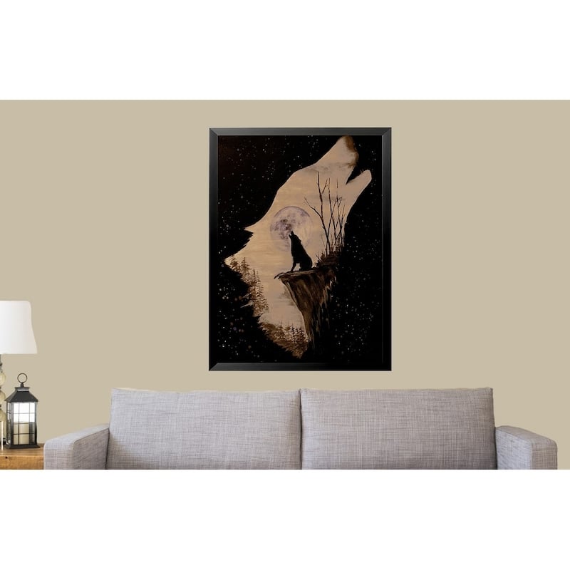 FRAMED Wolf Howling at the Moon by Ed Capeau Art Painting Reproduction - 24 x 32 - Black