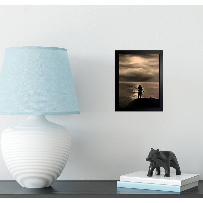FRAMED Lone Fisherman by Ed Capeau Art Painting Reproduction - 10x8 - Black