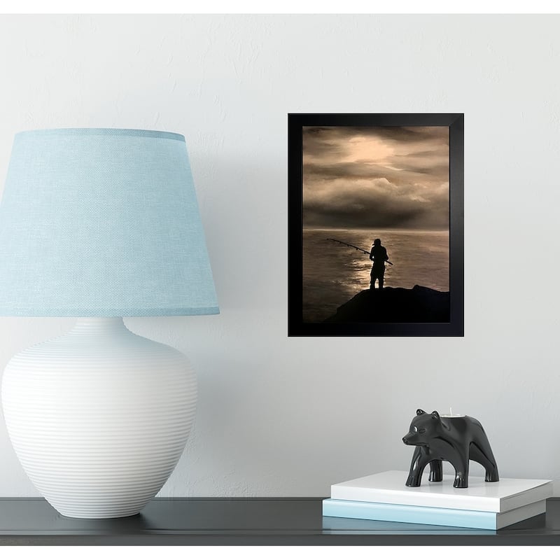 FRAMED Lone Fisherman by Ed Capeau Art Painting Reproduction - 16x12 - Black