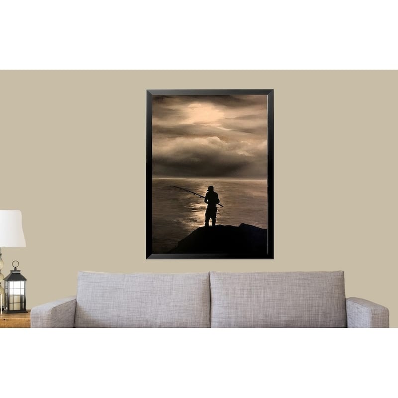 FRAMED Lone Fisherman by Ed Capeau Art Painting Reproduction - 32x24 - Black