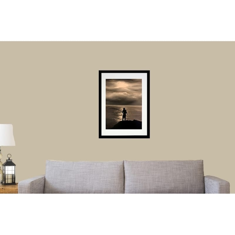 FRAMED Lone Fisherman by Ed Capeau Art Painting Reproduction - 20x16 - Black