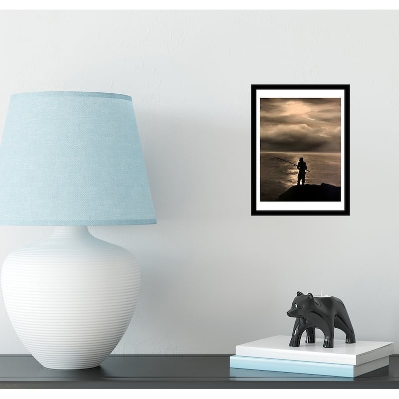 FRAMED Lone Fisherman by Ed Capeau Art Painting Reproduction - 14x11 - Black