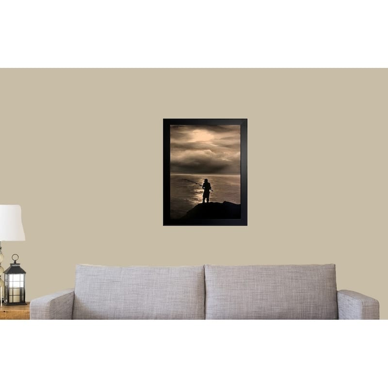FRAMED Lone Fisherman by Ed Capeau Art Painting Reproduction - 24x18 - Black