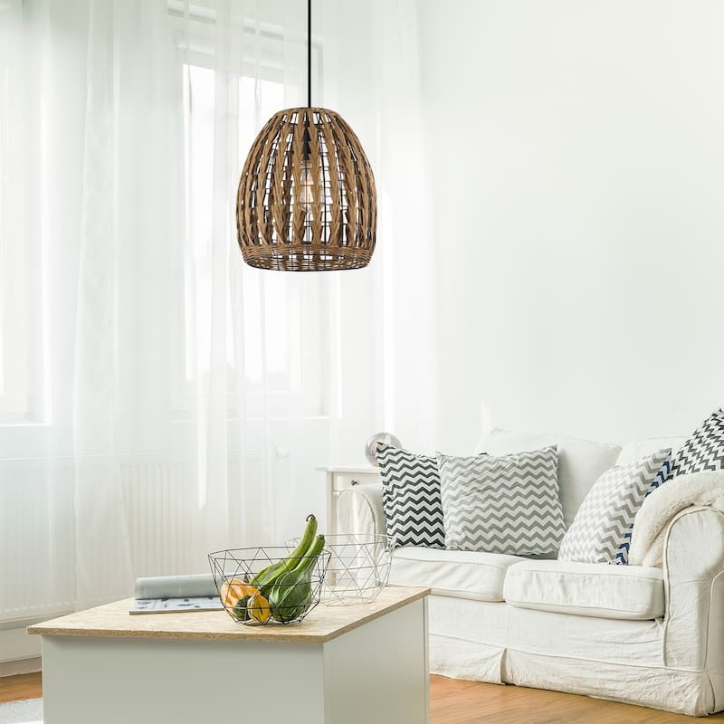 Novogratz x Globe 1-Light Pendant Light Brown Woven Rattan - 10.8"