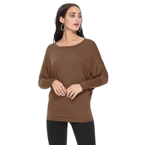 Women's Solid Long Sleeve Dolman Draped Loose Fit Tunic Top