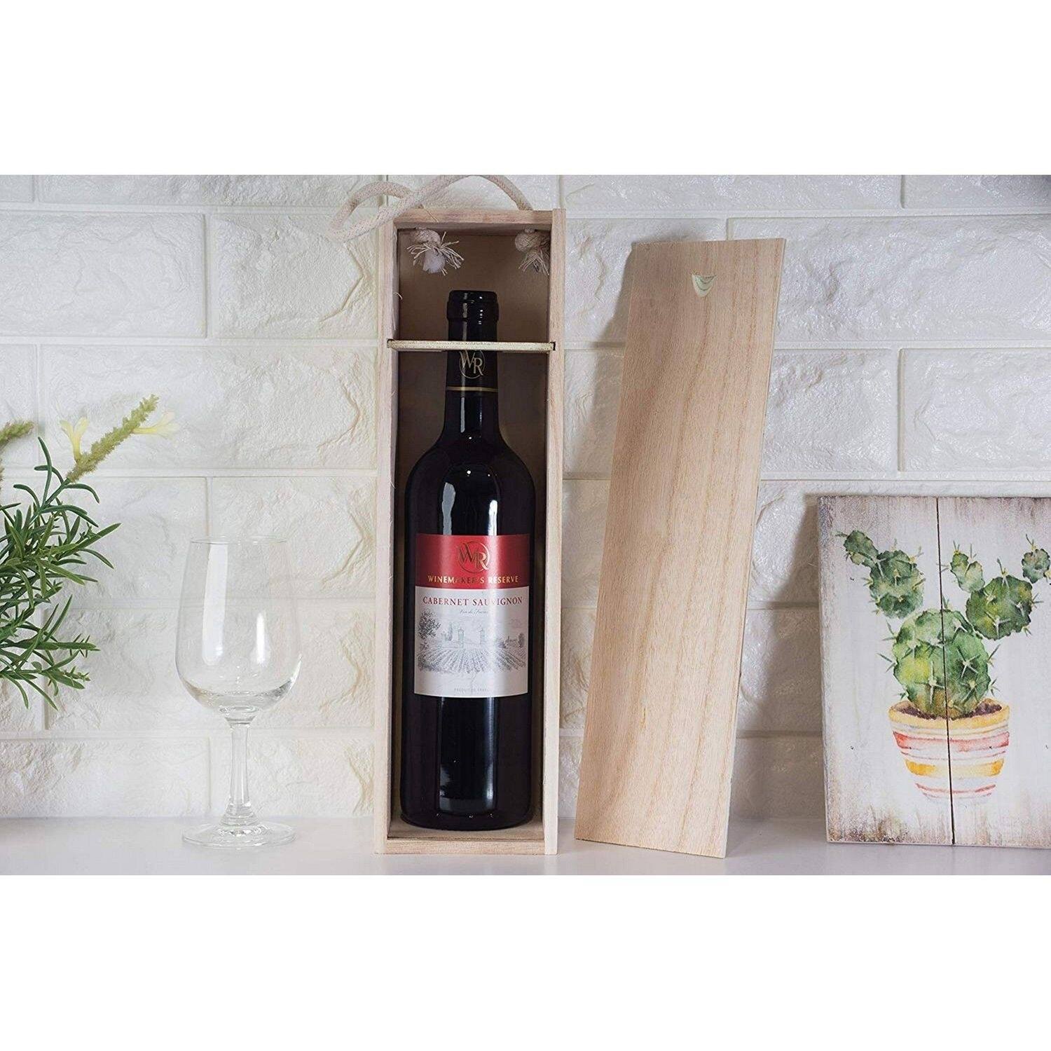 1 Wine Bottle Wood Storage Gift Box w/ Handle for Party, 13.875x3.875x4 ...