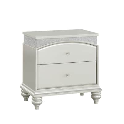 Modern Style 2 Drawer Wooden Nightstand with Rhinestone Inlays, Silver