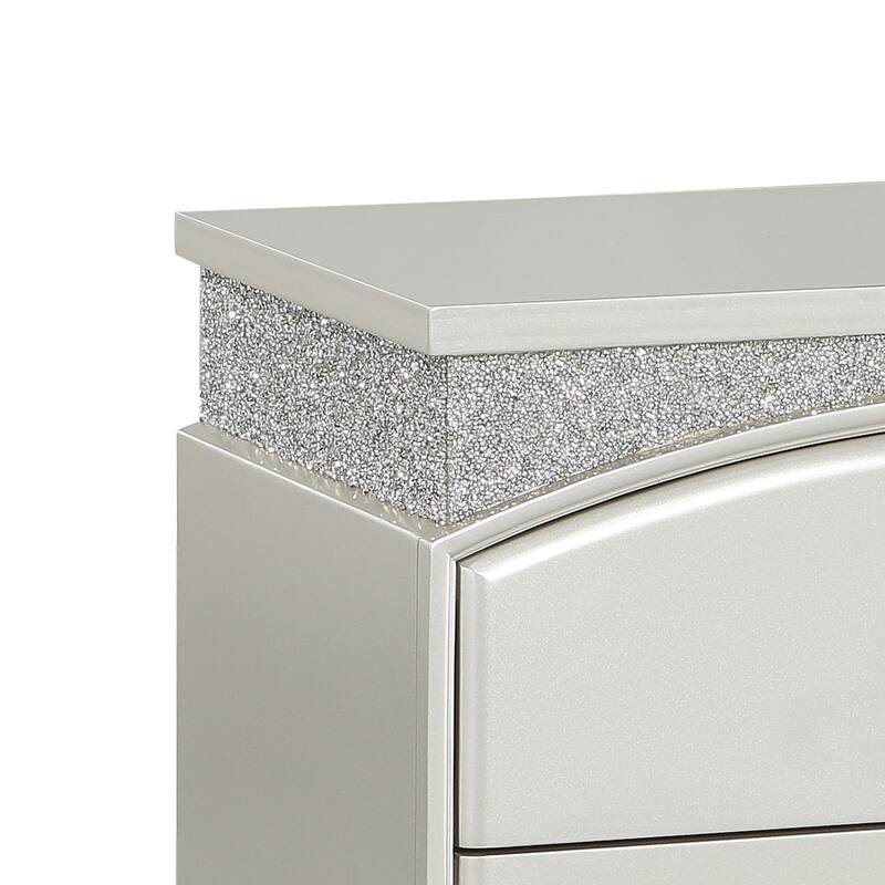Modern Style 2 Drawer Wooden Nightstand with Rhinestone Inlays, Silver