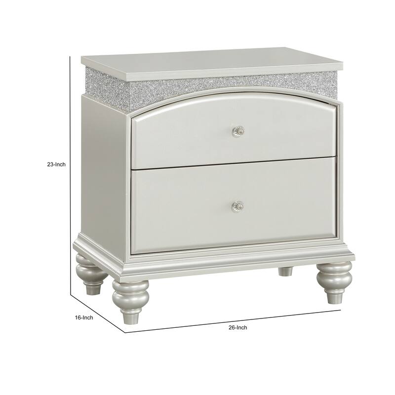 Modern Style 2 Drawer Wooden Nightstand with Rhinestone Inlays, Silver