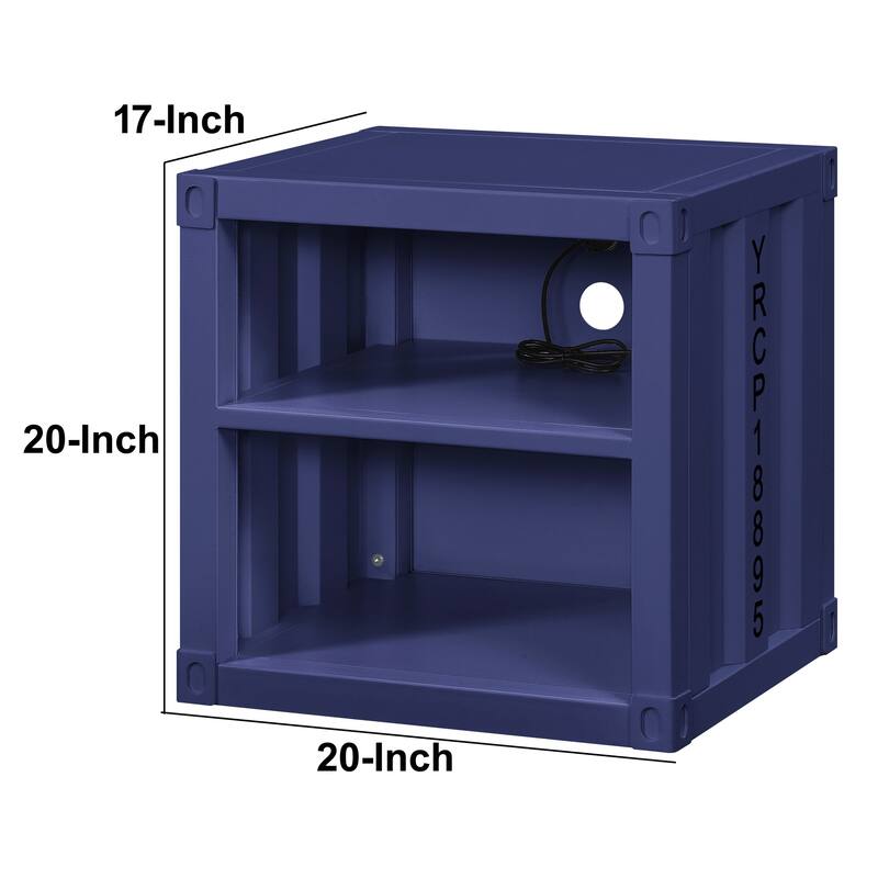Metal Nightstand with 2 Open Compartment and USB Port, Blue
