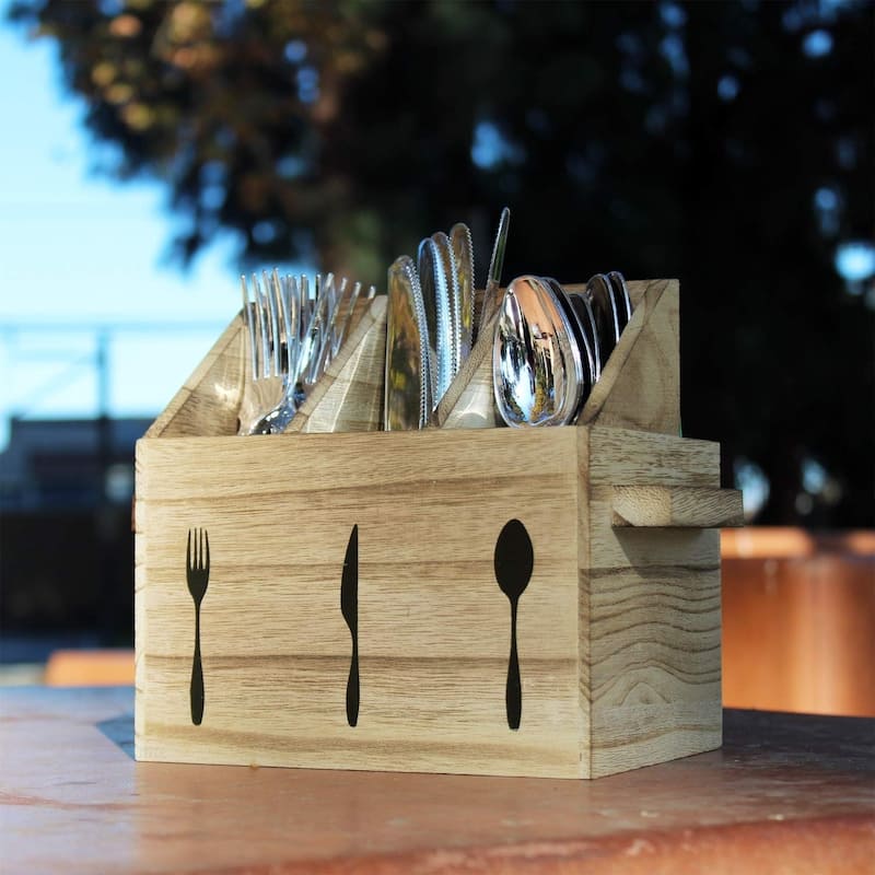 Wooden Sliverware Holder Flatware Utensil Caddy with Handles - oak