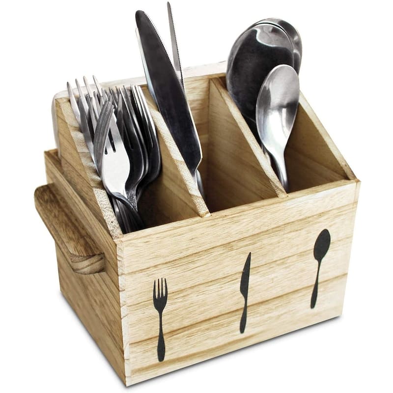 Wooden Sliverware Holder Flatware Utensil Caddy with Handles - oak