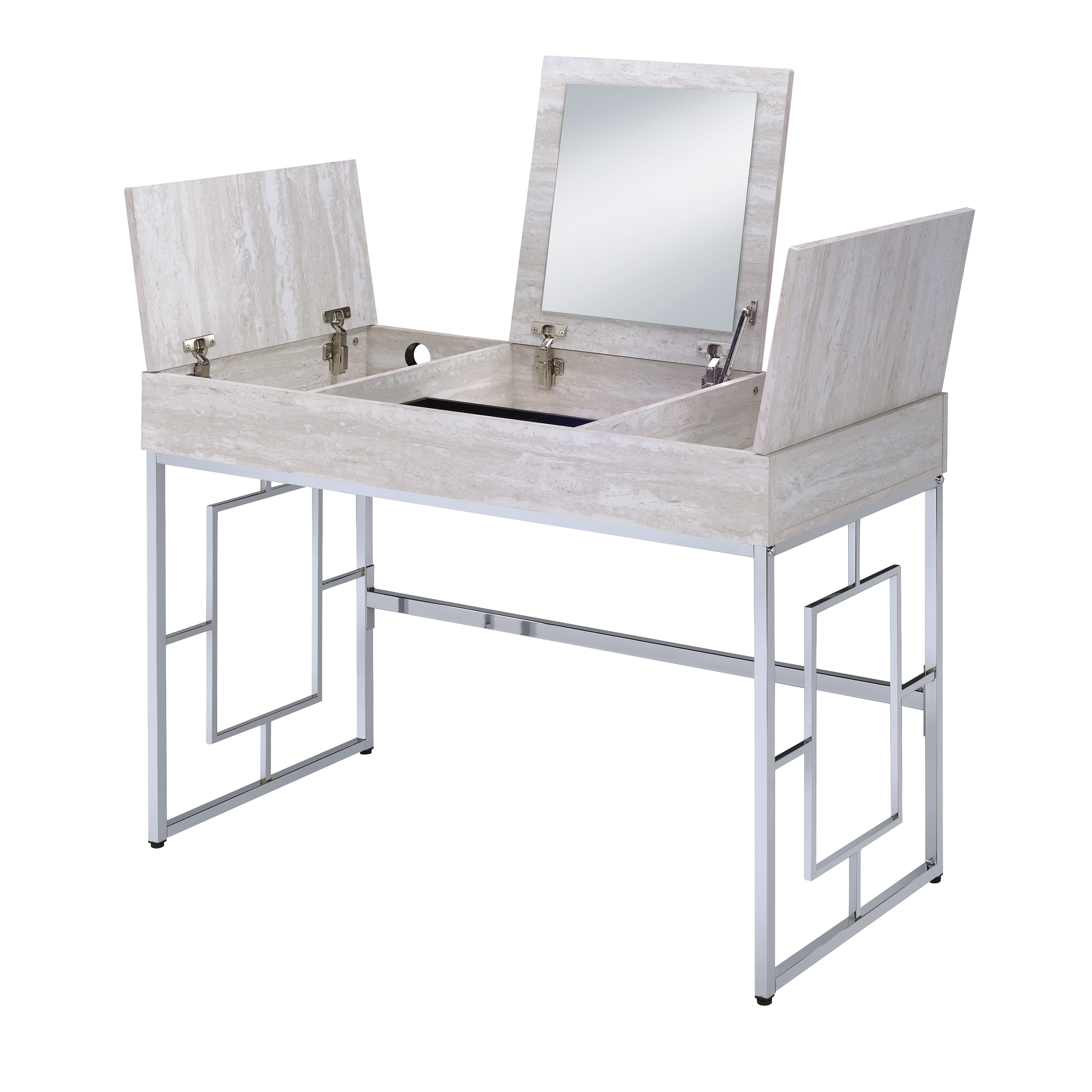 Wood And Metal Vanity Desk With Lift Top Compartments Silver Vanity Desk With Lift Top Compartments
