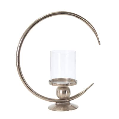 Metal Ring Candle Holder with Glass Hurricane, Large, Clear and Silver