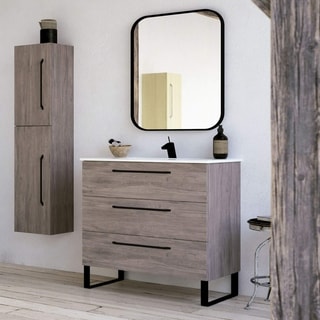 Modern Bathroom Vanity Cabinet Set | Dakota Chicago Grey Oak Wood | Black handles | 32 x 33 x 18 in Cabinet + Ceramic Sink (Oak grey wood)