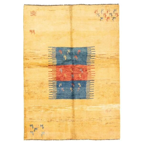 slide 1 of 7, Hand-knotted Kashkuli Gabbeh Gold Wool Rug - 6'4" x 8'6"