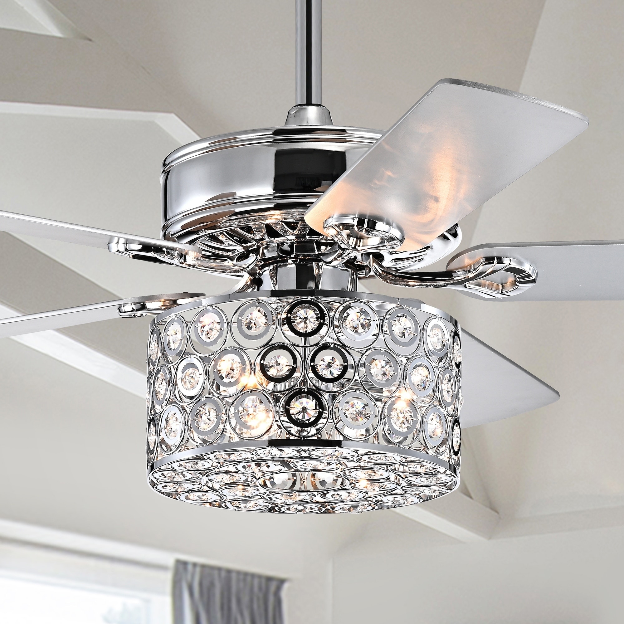 Ferna Chrome 52 Inch 5 Blade Lighted Ceiling Fan W Crystal Drum Shade Includes Remote Overstock 30412362