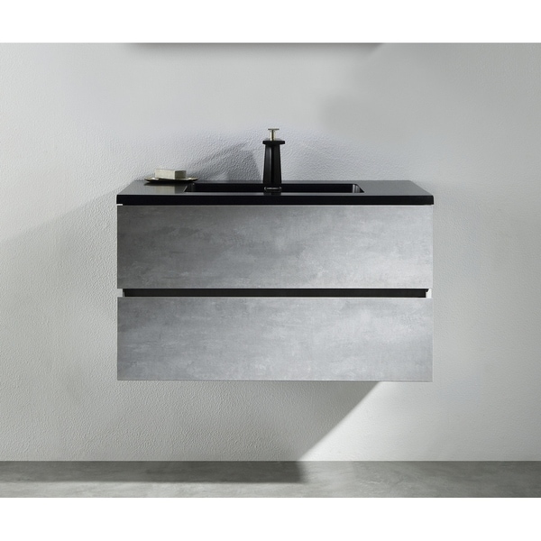 Alam-EDI 36 inch Cement Grey Wall Mount Vanity with Integrated Black Sink