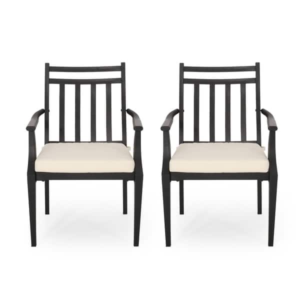 slide 1 of 20, Delmar Outdoor Dining Chair with Cushion (Set of 2) by Christopher Knight Home - 26.10" W x 24.50" D x 36.00" H Matte Black+Beige