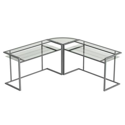 Ryan Rove Belmac 3 Pc L Shaped Computer Desk - Home & Office Organizer with Side Table & Keyboard Tray -Silver Frame/Clear Glass