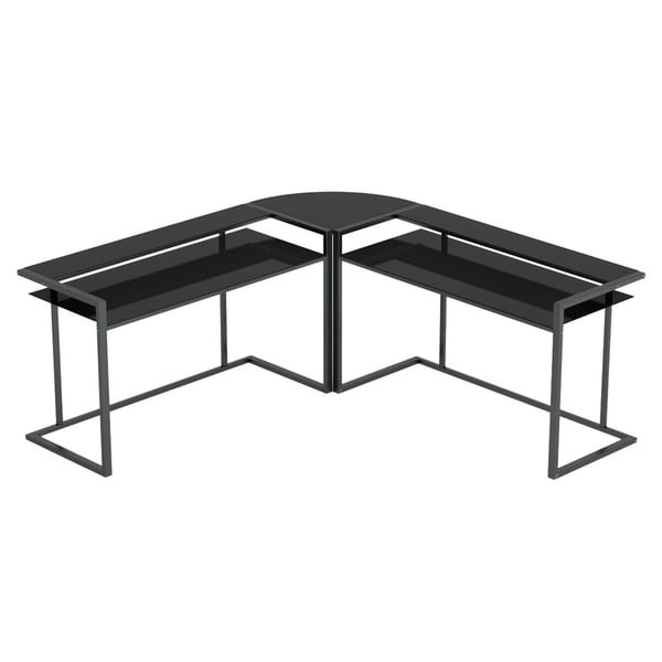 Ryan Rove Belmac 3 Piece L Shaped Computer Desk - Home & Office Corner Organizer with Side Table and Keyboard Tray - Black Glass