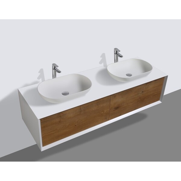 Alma-Fiona 63 inch. Natural Finish Wall-mount Vanity w/ 2 Vessel Sinks
