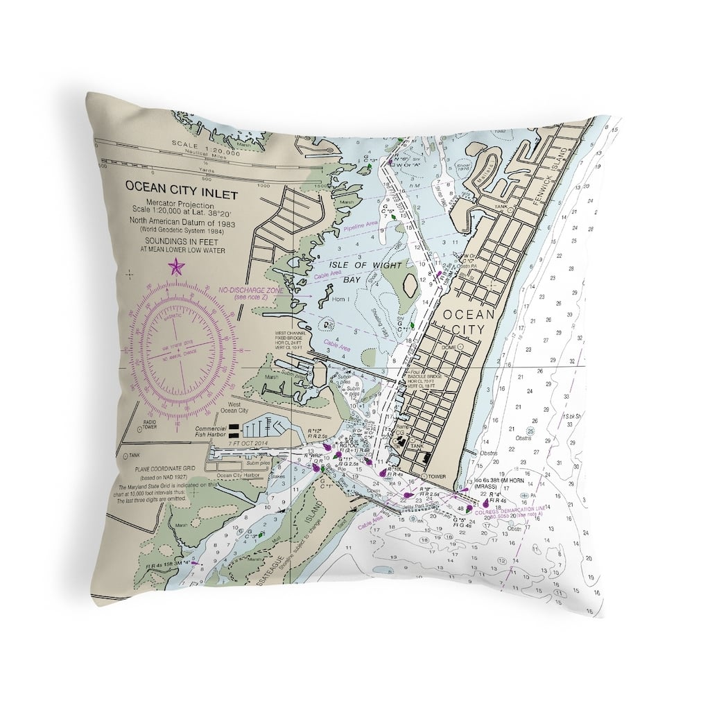 Ocean City Inlet, VA Nautical Map Noncorded Pillow 12x12