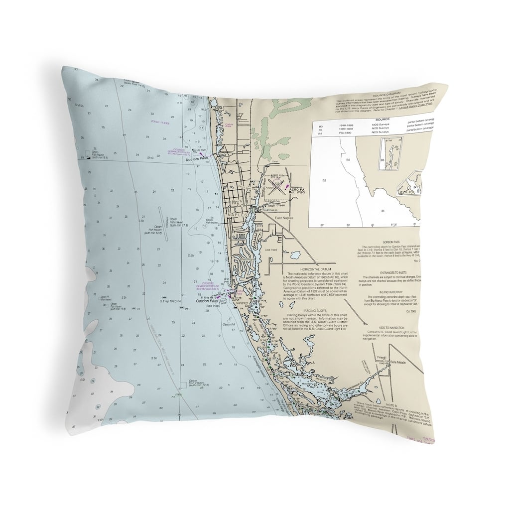 Naples Bay, FL Nautical Map Noncorded Pillow 12x12