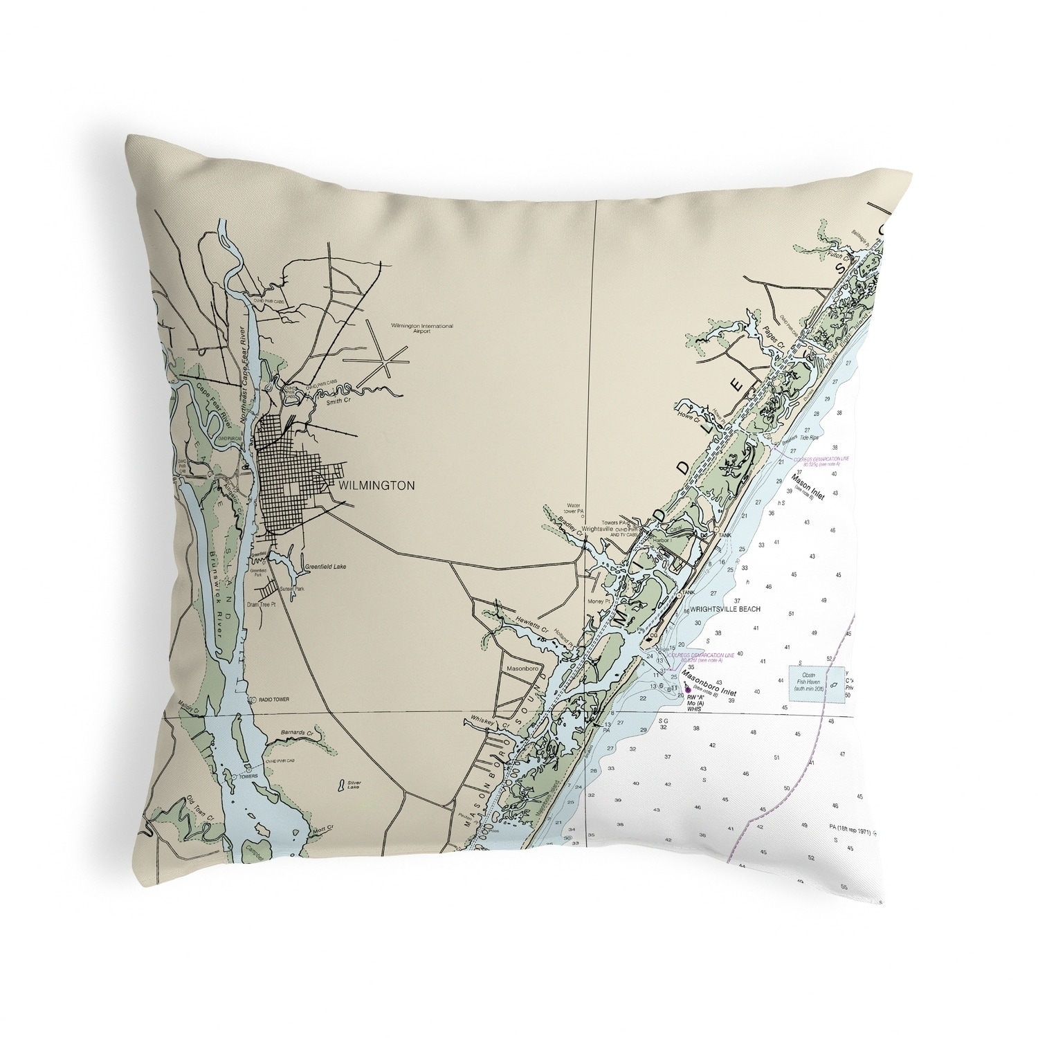 Wilmington Wrightsville Beach NC Nautical Map Noncorded Pillow 12x12