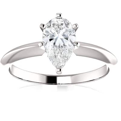 14k White Gold 1 Ct Pear Shape Diamond Solitaire Engagement Ring Lab Grown (E/VS)