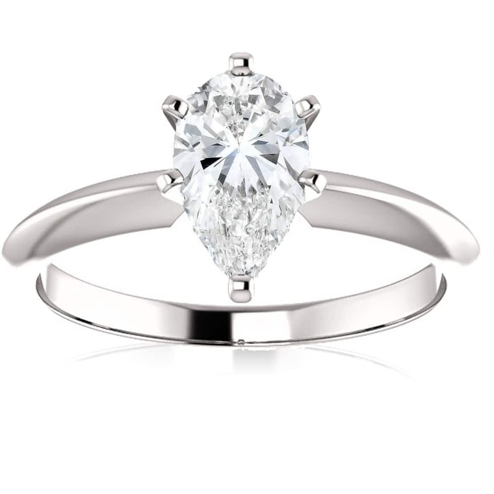14k White Gold 1 Ct Pear Shape Diamond Solitaire Engagement Ring Lab Grown (E/VS)