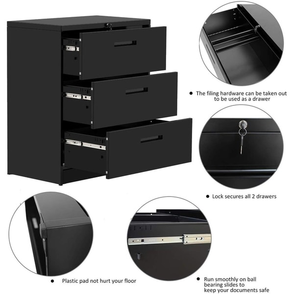 4 Drawer lateral File Cabinet Black Lockable Filing Cabinet Metal Organizer Heavy Duty Hanging File Office Home Storage