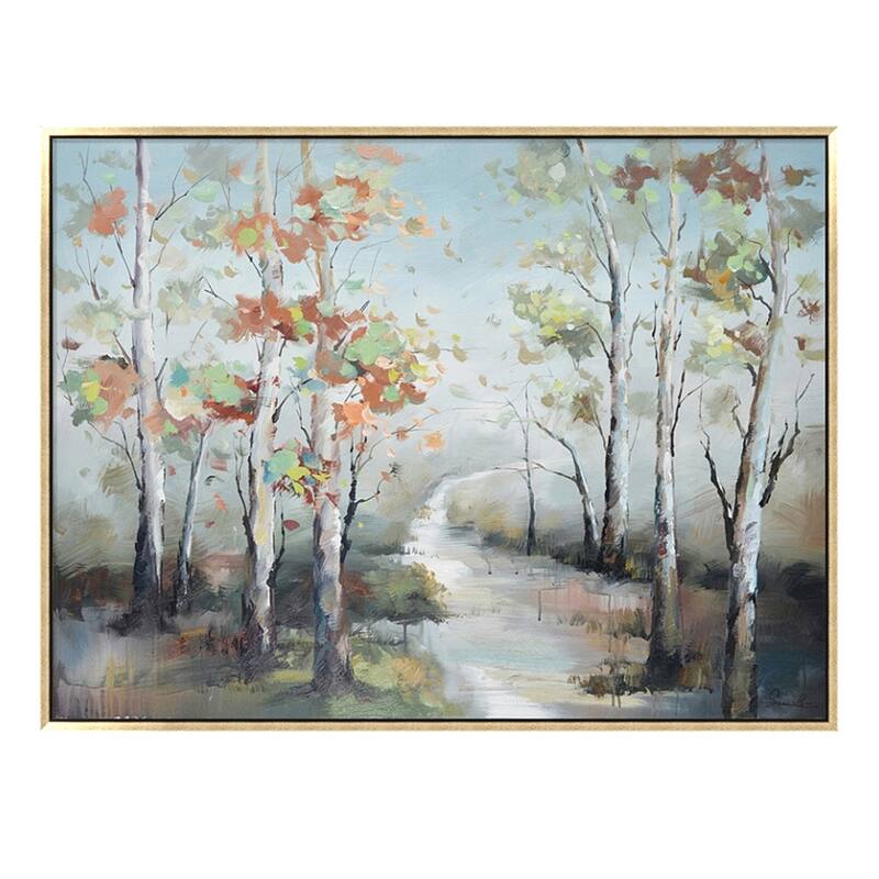 Hand Painted Acrylic Wall Art Fall Colorful Trees on a 47 x 35 Rectangular Canvas with a Champagne Wooden Frame