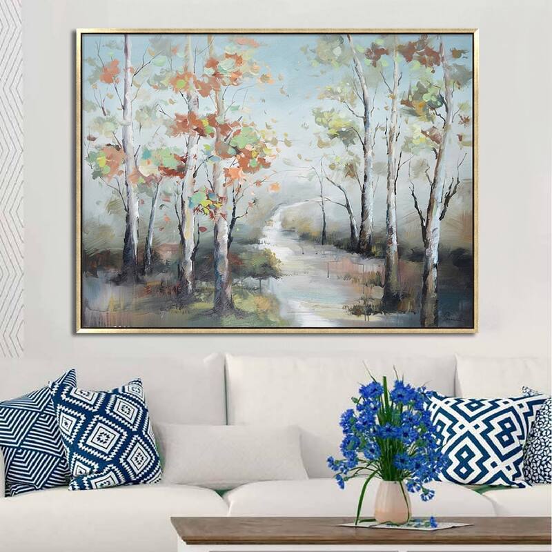 Hand Painted Acrylic Wall Art Fall Colorful Trees on a 47 x 35 Rectangular Canvas with a Champagne Wooden Frame