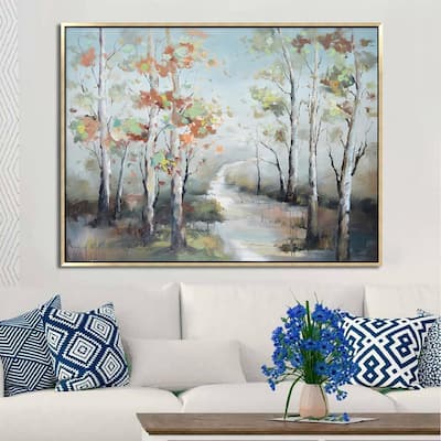 Hand Painted Acrylic Wall Art Fall Colorful Trees on a 47 x 35 Rectangular Canvas with a Champagne Wooden Frame