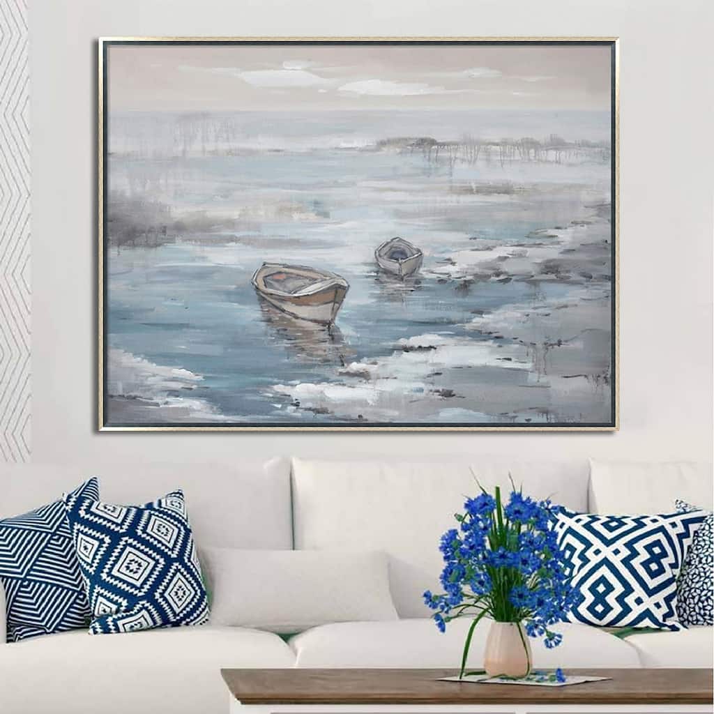 Hand Painted Acrylic Wall Art Ocean with Boats on a 47 x 35 Rectangular Canvas with a Silver Wooden Frame