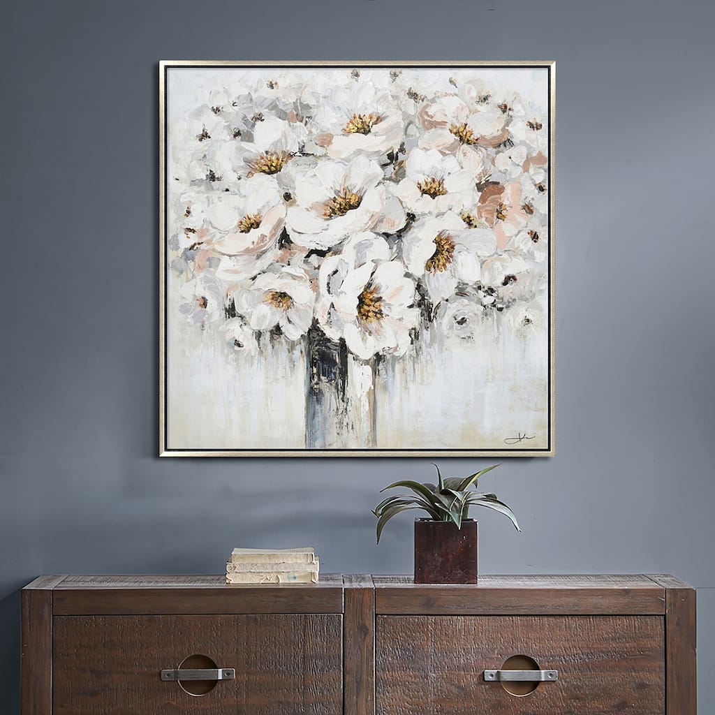 Hand Painted Acrylic Wall Art White Bouquet in Vase on a 39 x 39 Square Canvas with a Silver Wooden Frame